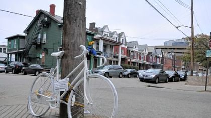 This ghost bike was placed at the corner of Meyran Avenue and Louisa Street in Oakland in memory of Rui Hui Lin, who was killed when struck by a pickup truck in August 2009.